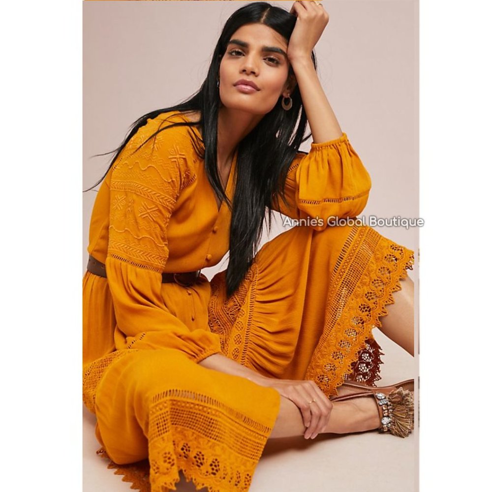 RARE NWT ANTHROPOLOGIE Golden Peasant Embroidered Maxi Dress. Size 4 - Picture 3 of 16